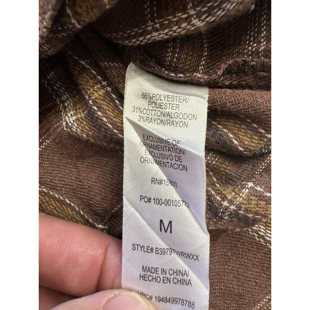 Democracy Women Medium Brown Plaid Flannel Button Up Long Sleeve Raw Hem Pocket - Picture 4 of 6